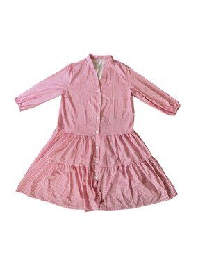 Lucas & Grace Pink Gingham Tiered Button-Down Dress 3/4 Sleeves Medium